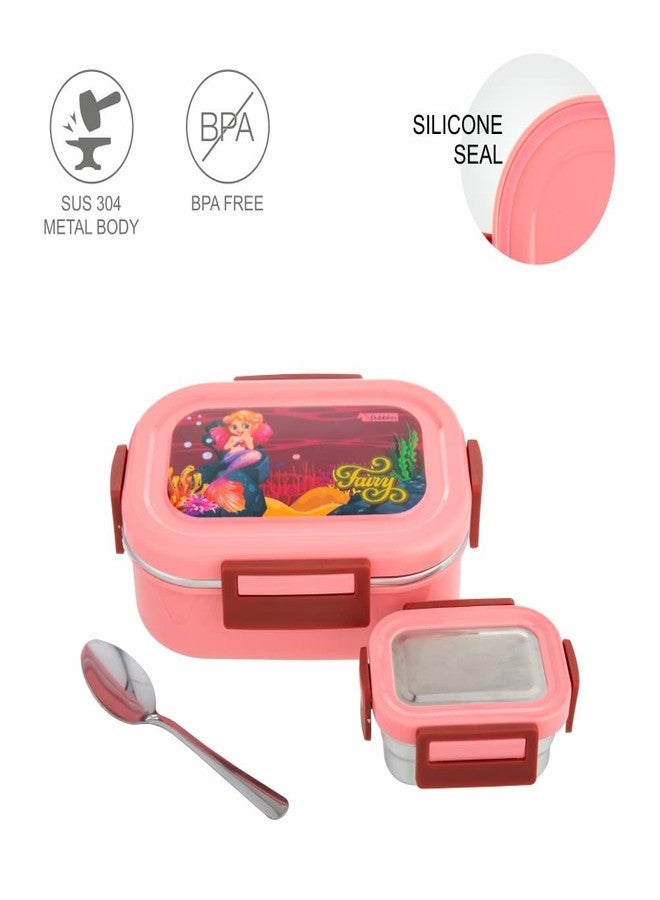DUBBLIN Twinkle Cartoon Character Stainless Steel Lunch Box Insulated Airtight Spill Proof with Spoon, sabzi Container Inside, 750 ml, Pink - Image 3